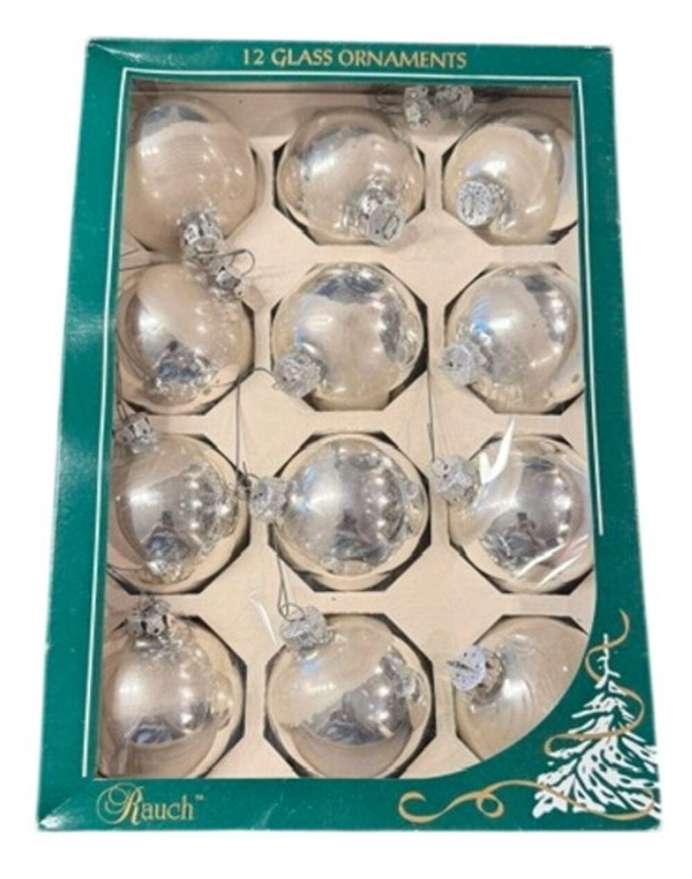Rauch Silver Glass Christmas Ball Ornaments Set of 12 Made in USA